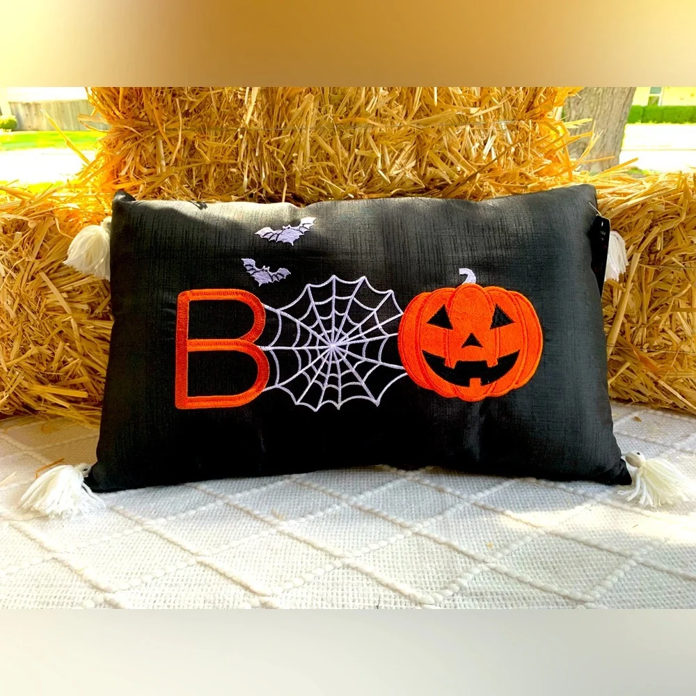 Halloween Decor Pillow BOO Spiderweb Pumpkin and Ghost Tassels- NWT